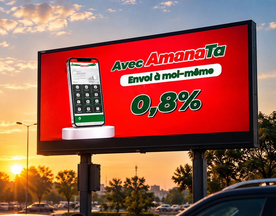 Écran géant Niamey Billboard au rond-point Cimetière, diffusant une campagne AMANA